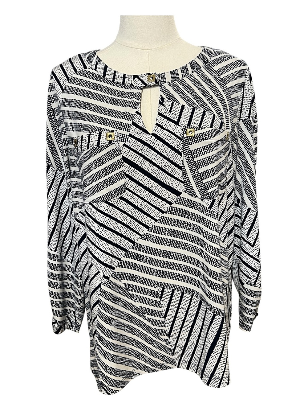 EUC Anne Klein Navy & White Geometric Blouse | Size Small